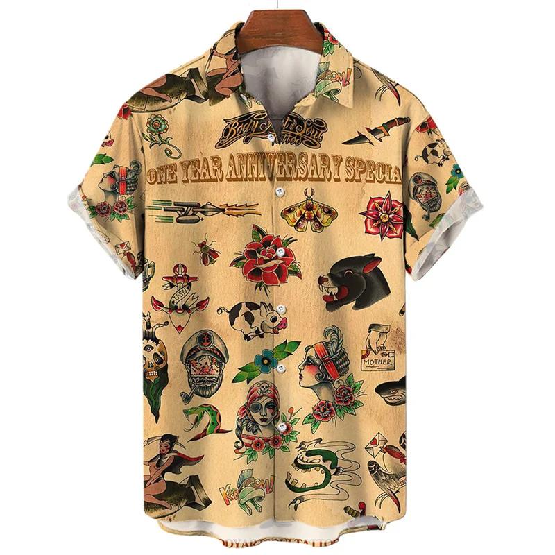3D Retro Digital Printed Men's Lapel Short Sleeved Shirt
