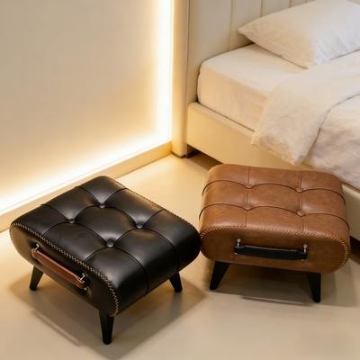Oil Wax Leather Household Soft Bag Stool Entrance Shoe Chang Stool High-end Living Room Chair with Handle Leather Footrest Chair