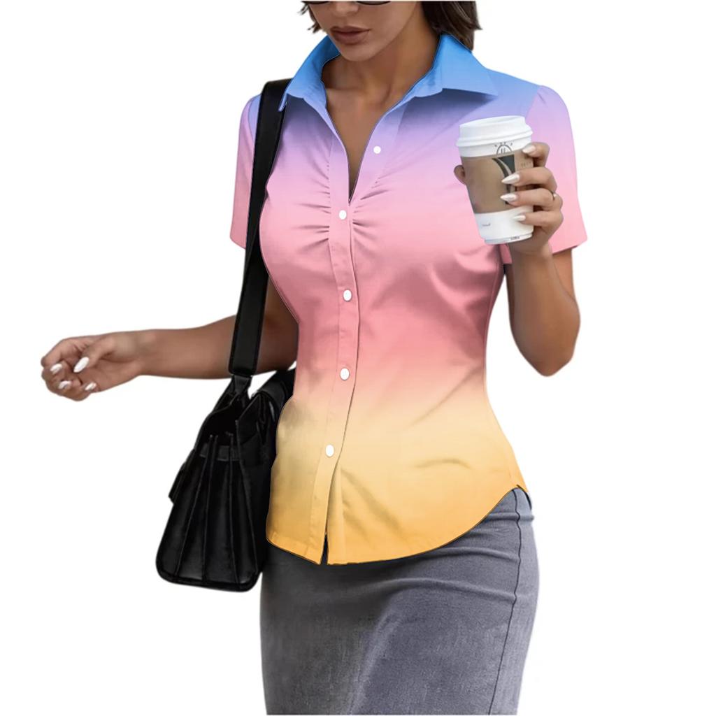 Women's Short Sleeve Button Down Shirt Slim Fit Collared Business Casual Office Blouse Tailored Top for Summer Workwear