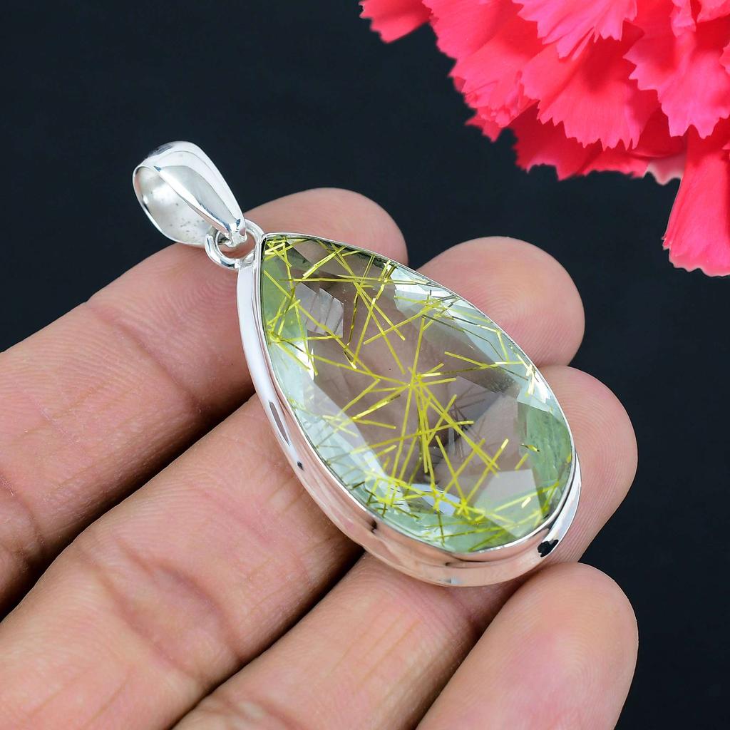 Golden Rutile Gemstone Pendant Solid 925 Sterling Silver Pendant Jewelry Gift For Unisex
