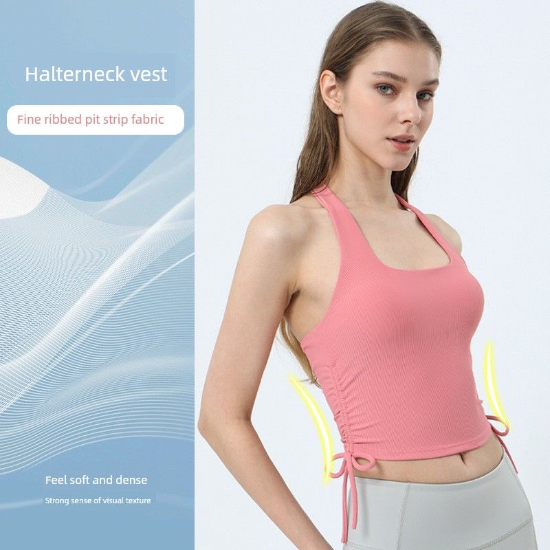 With Chest Pad Export Amoi Open Back Women's Drawstring Sports Vest Halterneck Running Top Yoga Workout Vest