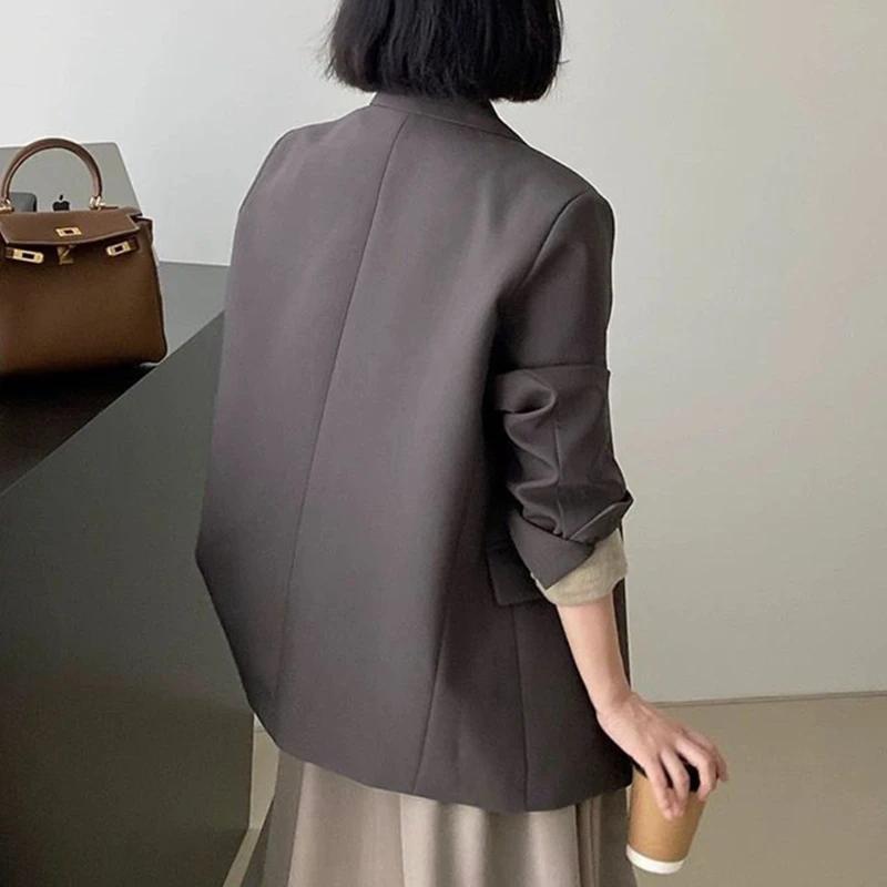 Spring Autumn Elegant Grey Women's Blazer Jacket Long Sleeve Single Button Office Lady Loose Outwear for Women