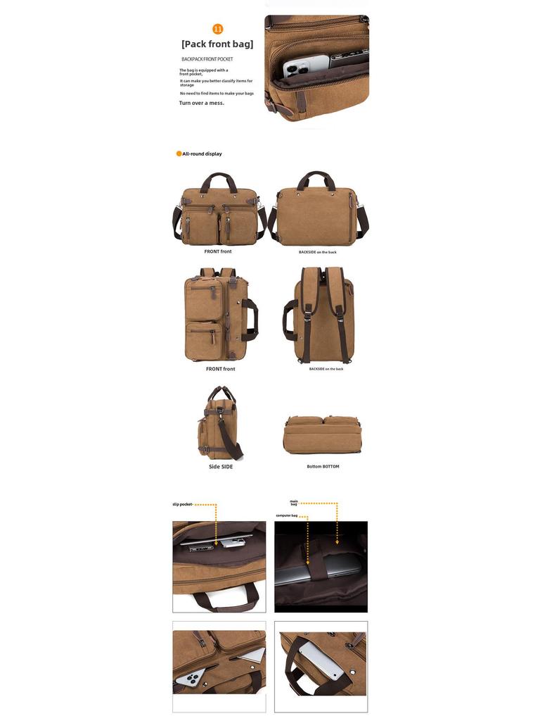 Cross-Border Multifunctional Canvas Backpack: Briefcase, Handbag & Shoulder Bag with Large Capacity for Laptops & Casual Travel.