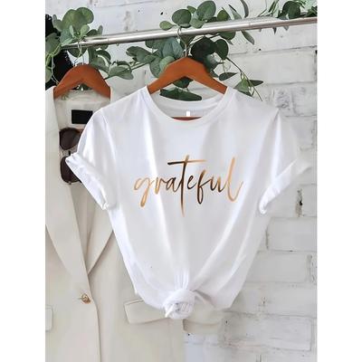 European Size Fashionable Letter Cartoon Print Women's Round Neck Pure T-shirt, Simple Design, Comfortable and Breathable, Versatile Essential