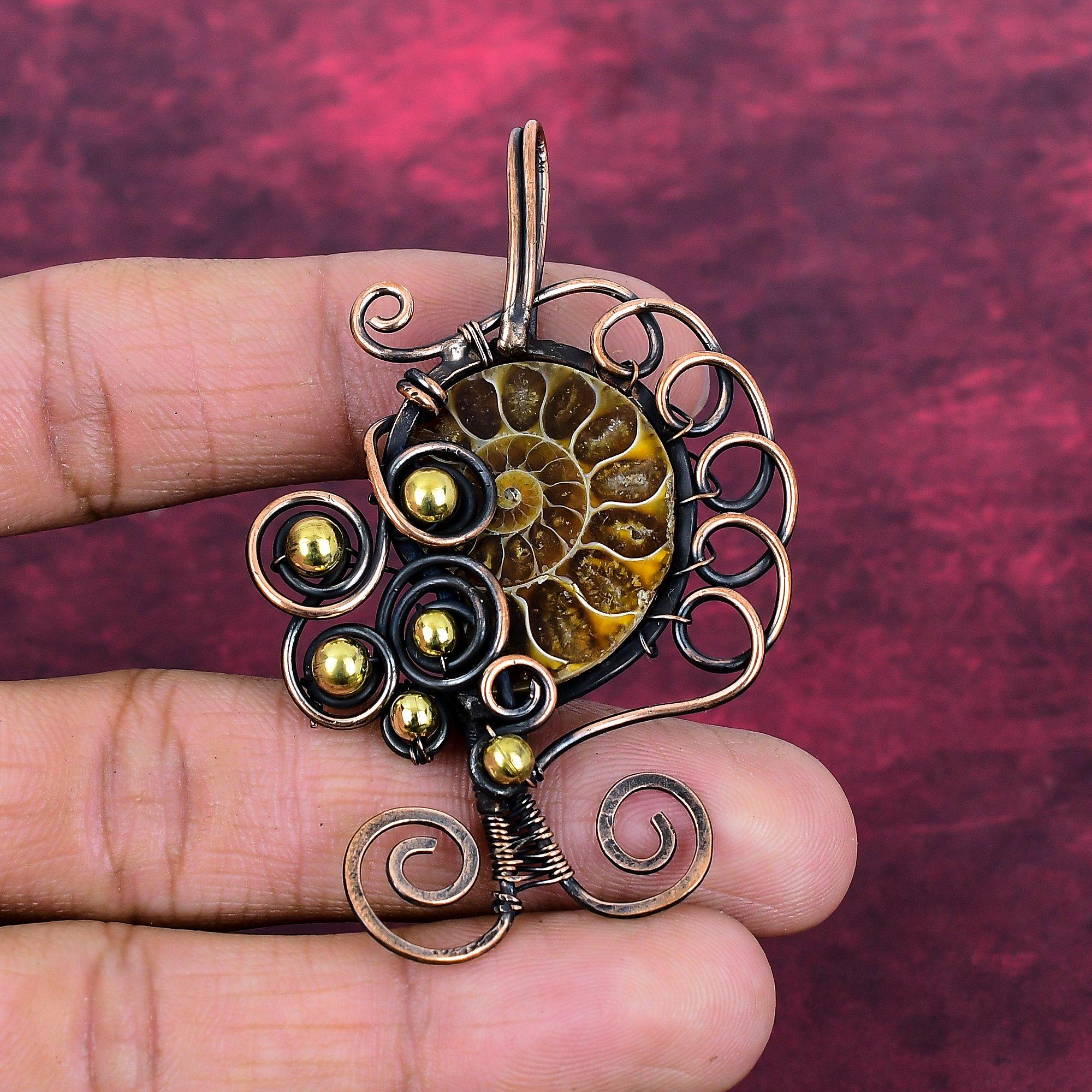 Ammonite Fossil Pendant Copper Wire Wrapped Jewelry Gemstone Handmade Pendant