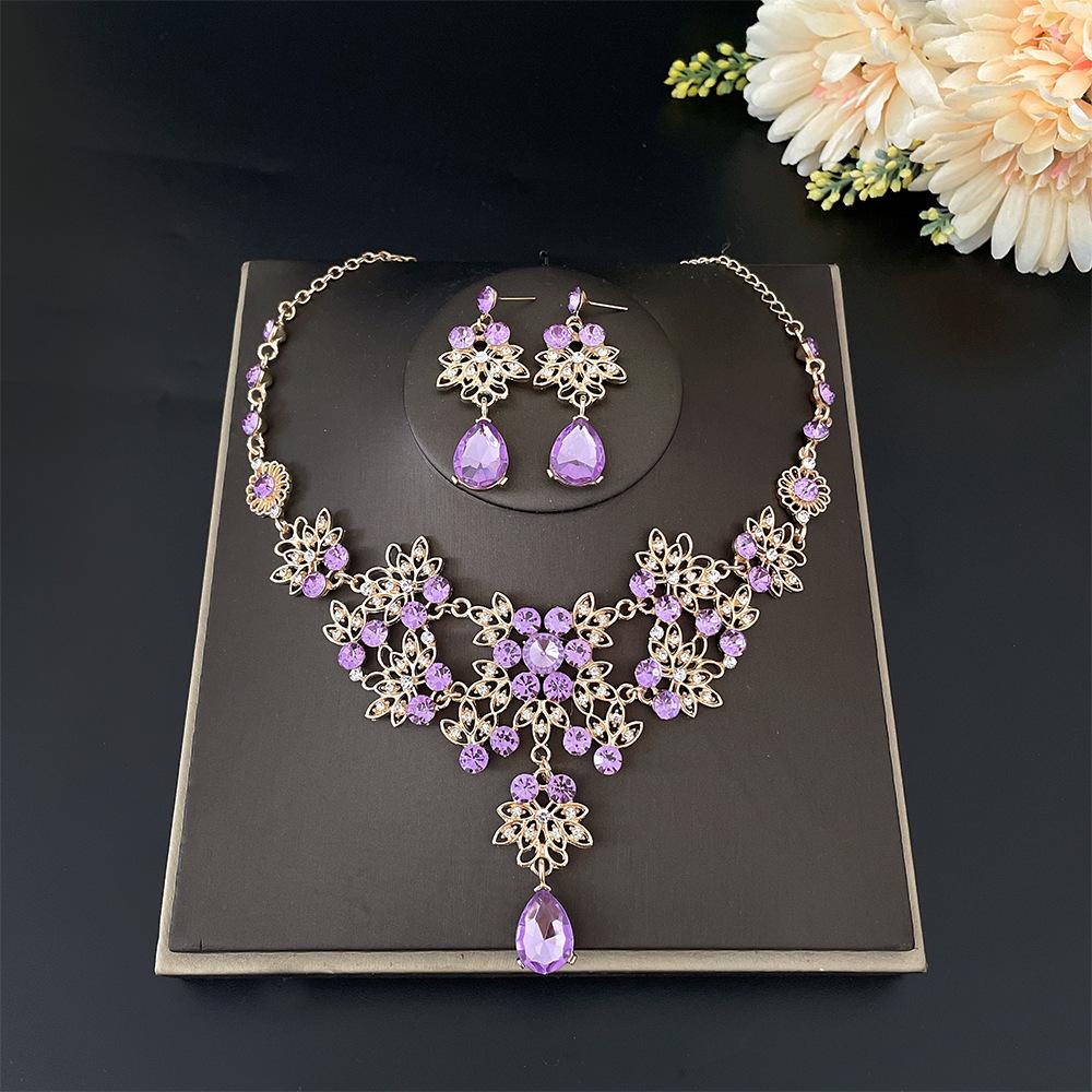 DIEZI Luxury Wedding Bridal Purple Pink Crystal Necklace Earrings Jewelry Sets For Women Fashion Water Drop Rhinestone Jewelry