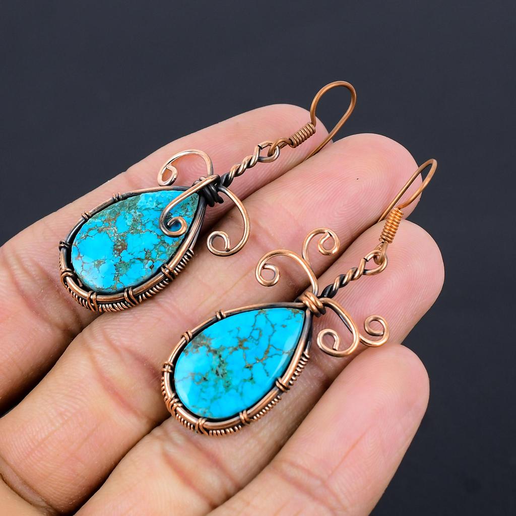 Tibetan Turquoise Earrings Gemstone Jewelry, 999 Copper Wire Wrapped Handmade Earrings, Latest Design Jewelry