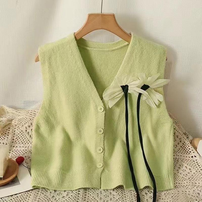 

Шикарный вязаный жилет с цветочным узором женский V-образный вырез без рукавов однобортный жилет зелёный