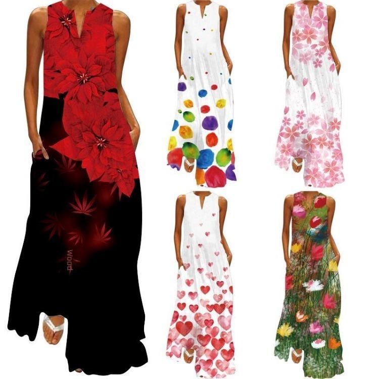 Retro Summer Sleeveless V Neck Multicolor Fashion Maxi Dress