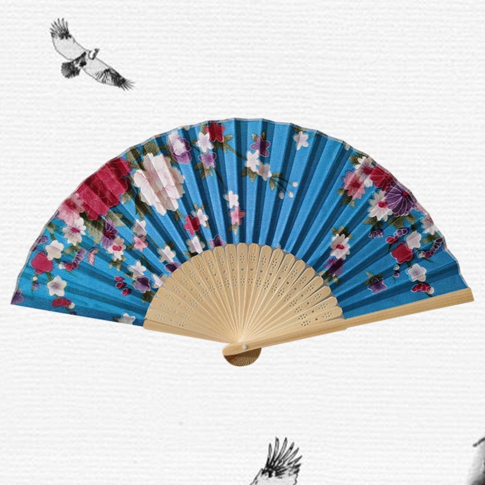 Silk Material Chinese Folding Fan Bamboo Wood Flower Pattern Silk Fan Artificial Silk Folding Design Art Craft Fan