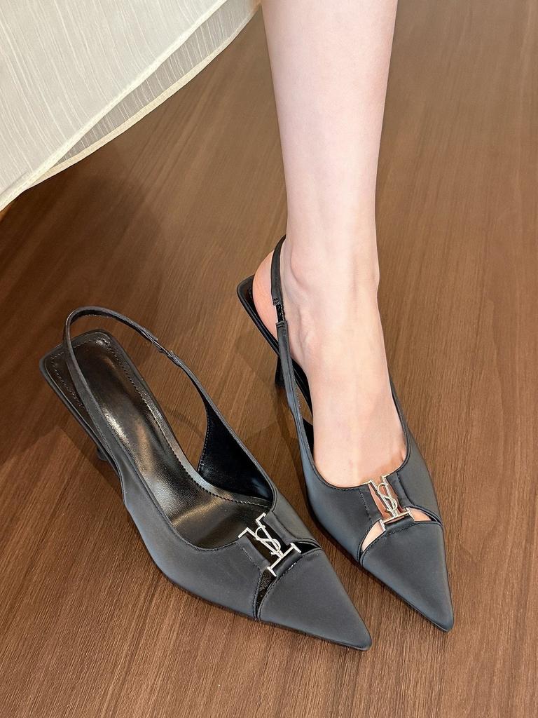 Spice girl Tiancai! Premium silver pointed stilettos women's spring and summer light mouth back empty sandals black Lycra black
