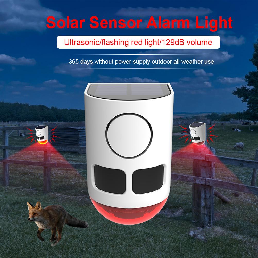 Solar Infrared Motion Sensor Alarm with Strobe Light Sound Noise Maker Animal Repeller for Yard Farm Garden