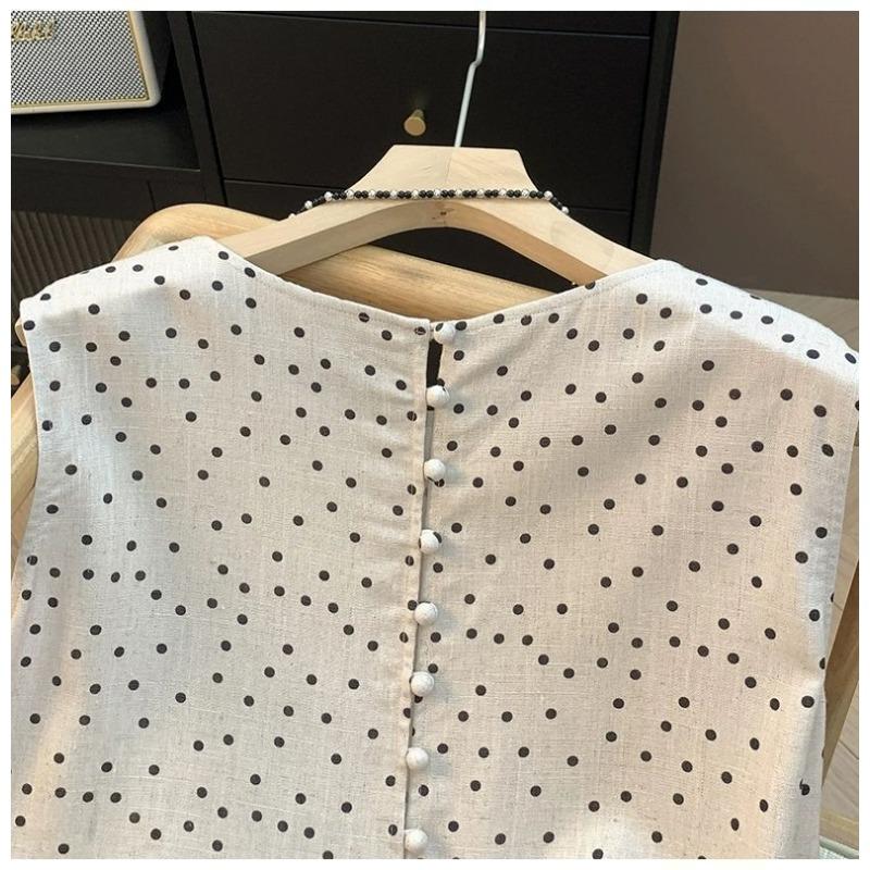 Abito da Donna in Cotone e Lino a Pois Girocollo Senza Maniche Temperamento Gonna Lunga per Pendolari Casual
