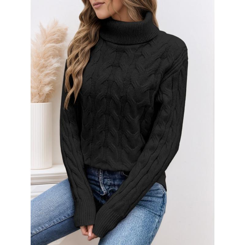 VEZFAA Women's Fashion Casual Fall Winter Solid Color Print Long Sleeve High Neck Sweaters