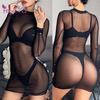 Lace Lingerie Sexy Hot Erotic Solid Color Babydoll Sleepwear Long Sleeve See Through Sheer Nightwear Bodycon Dress
