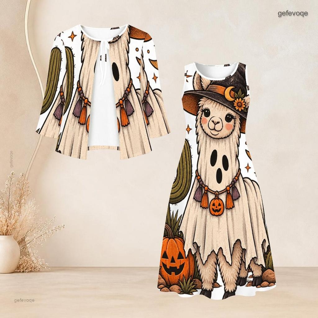 Women Plus Size Two Piece Dress Set Three Quarter Sleeve Halloween Panda Ghost Print Long Dress