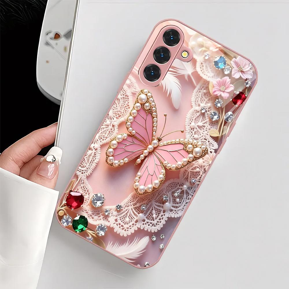 Pink 2D Butterfly Metallic Glass Phone Case Suitable for Samsung GalaxyS26 S25 S24 S22 S21 S20FE/Ultra/Plus Anti Drop Rear Cover