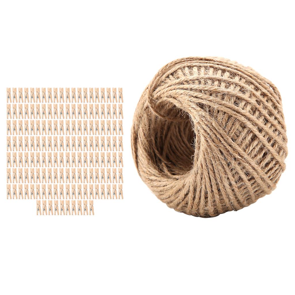 250 Pcs Natural Wooden Clothespins Clip Peg with 1 Roll 50 Meter Jute Twine