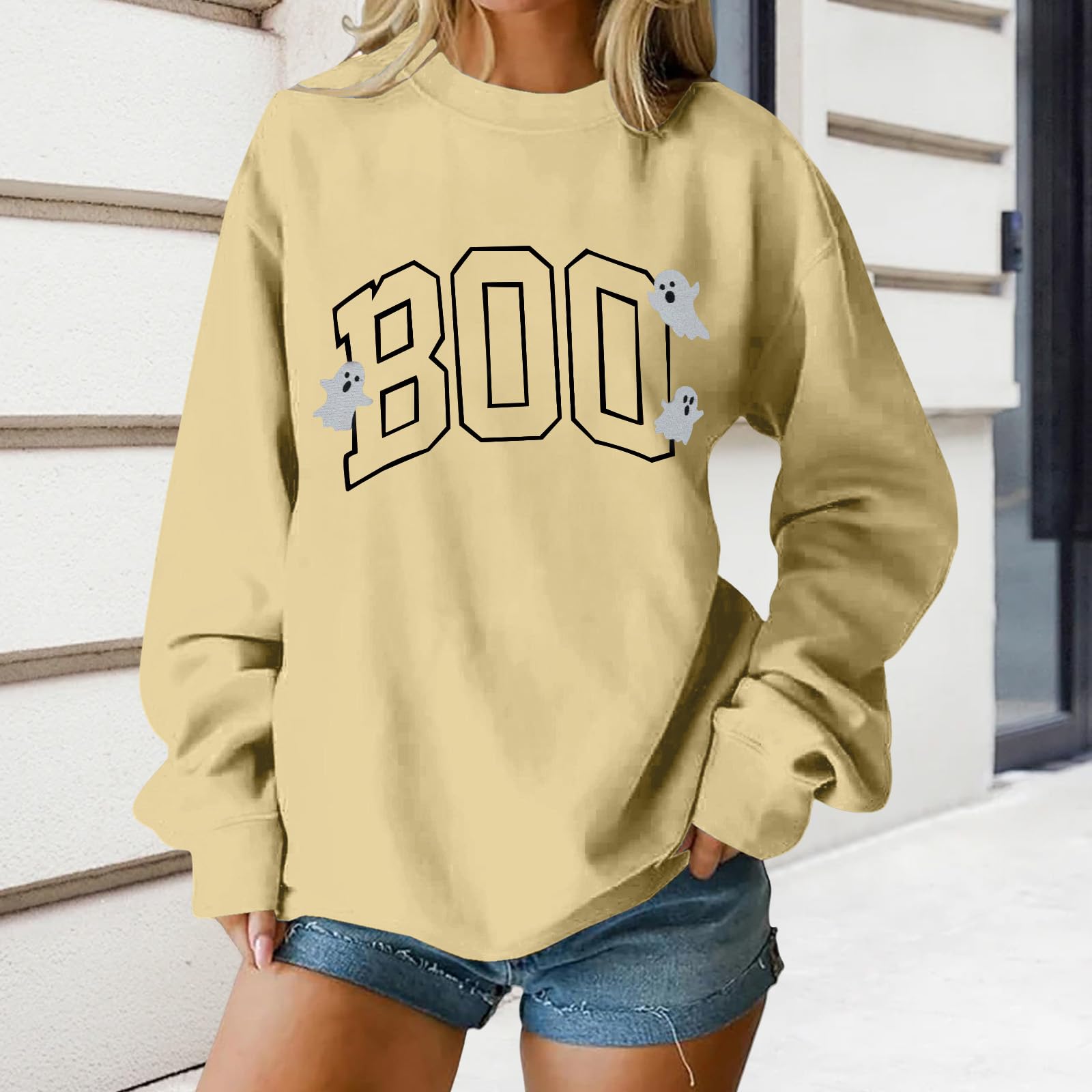 

Женские топы с круглым вырезом и принтом из хлопка, повседневная мода, длинный рукав, пуловер, топ, блузка L бежевый