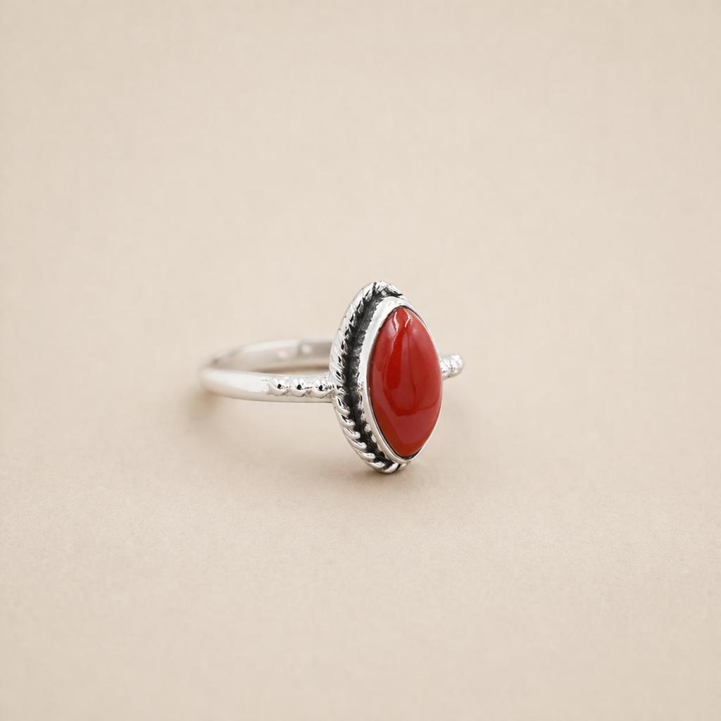 Red Coral Marquise Ring 6x12mm, 925 Sterling Silver Statement Ring, Handmade Coral Gemstone Jewelry