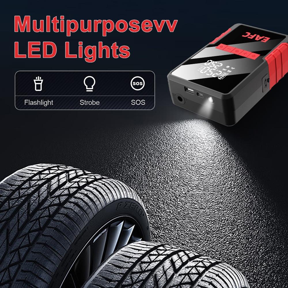 2-in-1 Auto-Starthilfe - Tragbarer Reifenfüller, Großes Display, LED-Licht & Powerbank für 4,0L Benzin 6,0L Diesel Auto