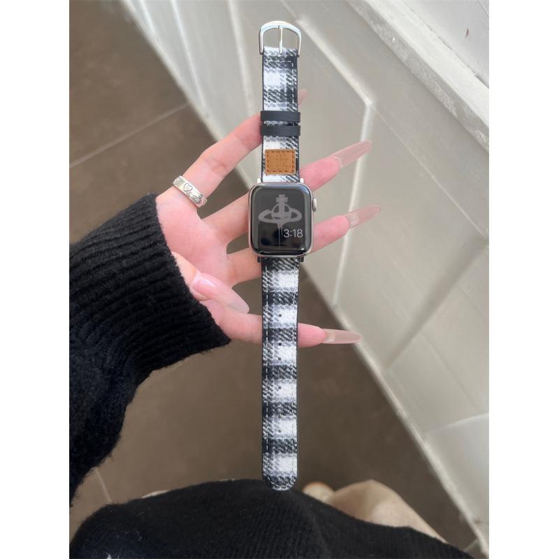 Autumn And Winter Leather Standard Plaid Woolen For Apple Watch Applewatchs10 Strap Iwatch98765Se