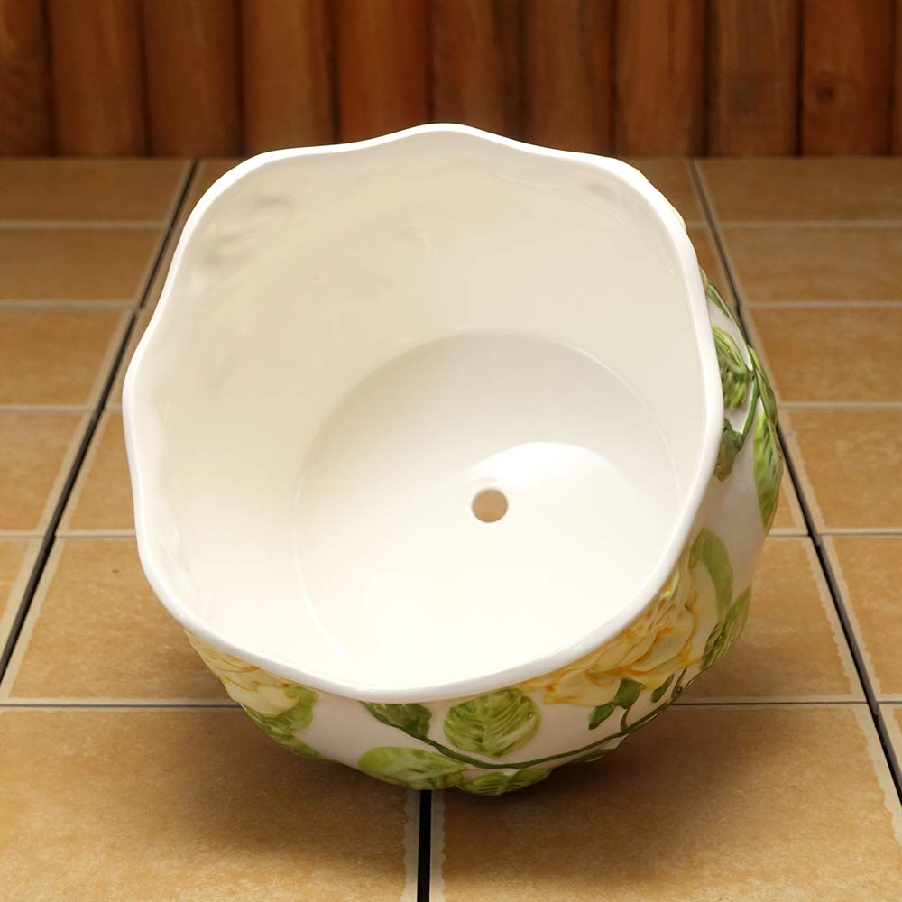 ceramic flower yellow with drainage suitable for direct Portuguese-made pot, rose, 18cm, hole, planting, pan-h233y