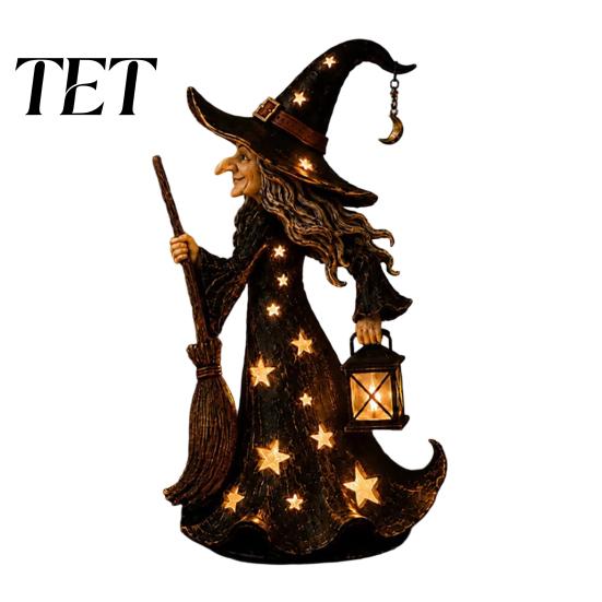 Spooky Home Holiday Decoration Halloween Witch Figurine with Star Light, Resin Tabletop Nightlight Lantern, Handcrafted Table Centerpiece Wizard