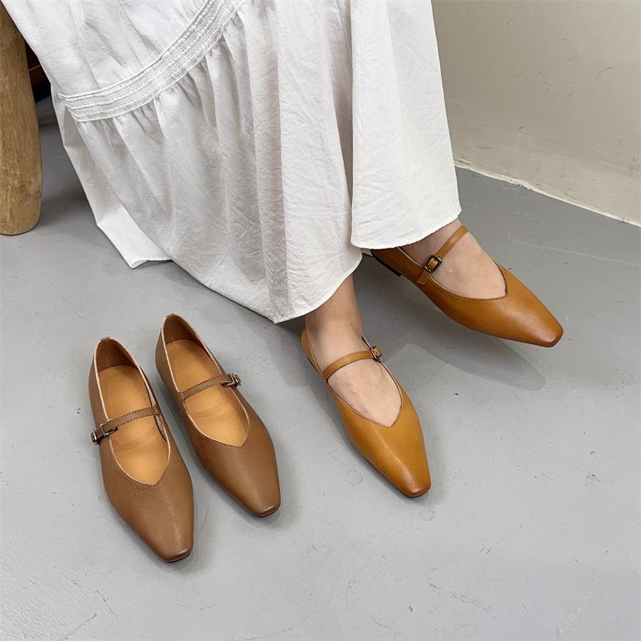 Johnature Versatile Genuine Leather Shoes Pointed Toe Buckle Strap Soft Soled Women's Flat Shoes