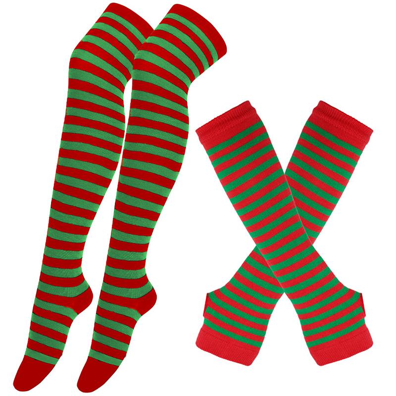 Y2K Women Girls Over Knee Long Stripe Printed Thigh High Cotton Socks Arm Sleeve Gloves 1 Set Overknee Socks Long Gloves 2024