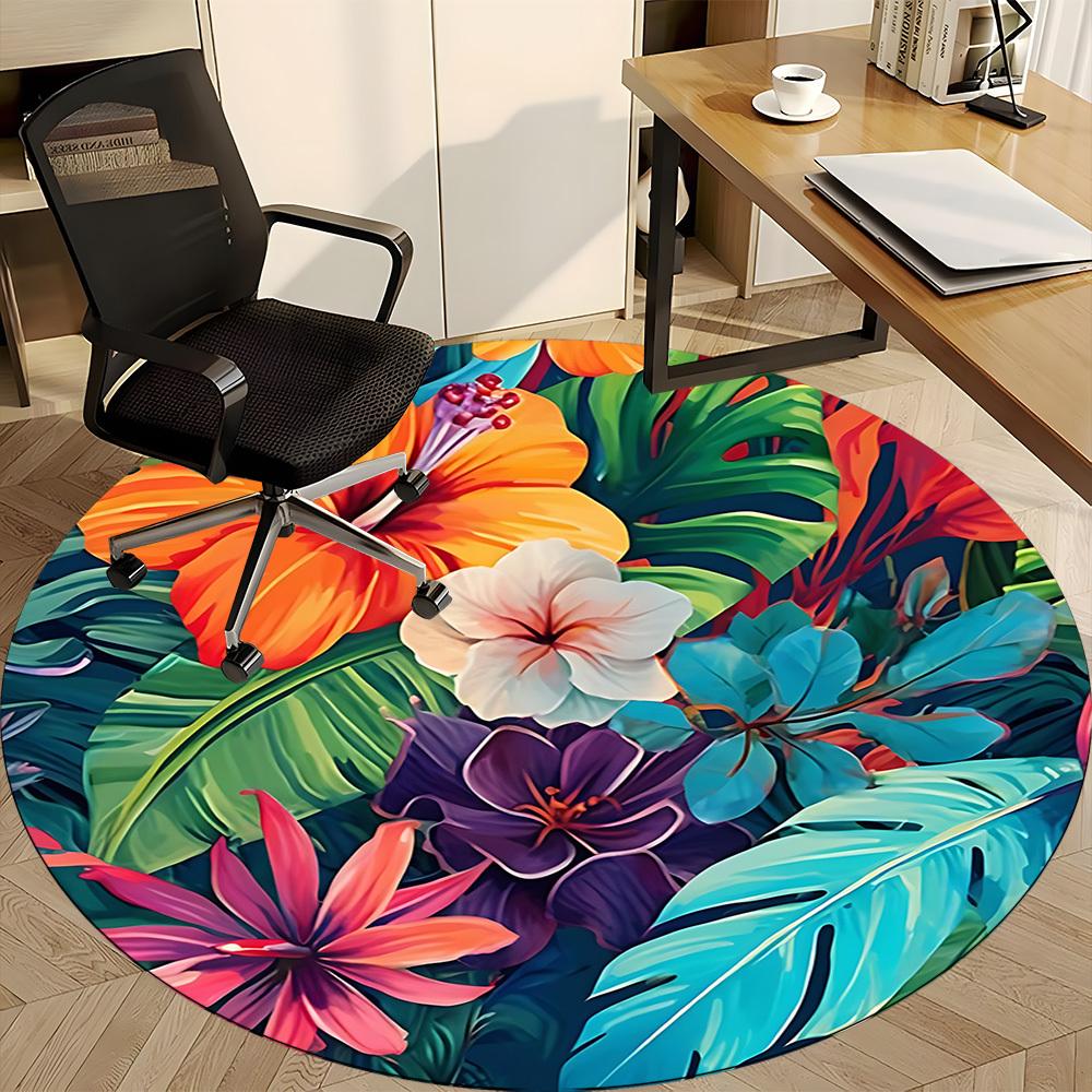 1 Stück Tropische Blumen Büro Runder Teppich, Unter Bürostühlen Schlafzimmer Wohnzimmer Heimdekoration, Raumdeko
