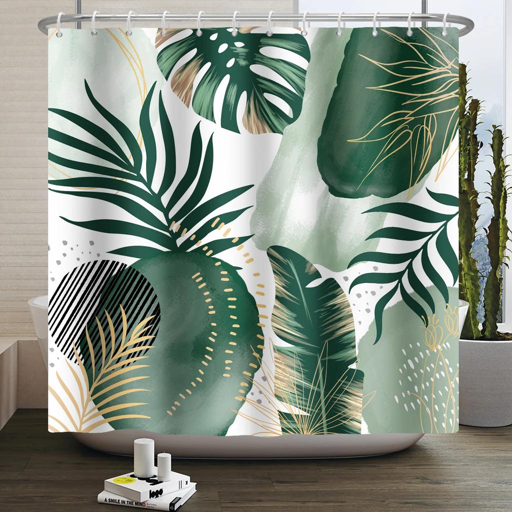 Tenda da doccia ad acquerello con foglie verdi per bagno, pianta di viti, minimalista nordica, in poliestere botanico per casa, hotel 180x240