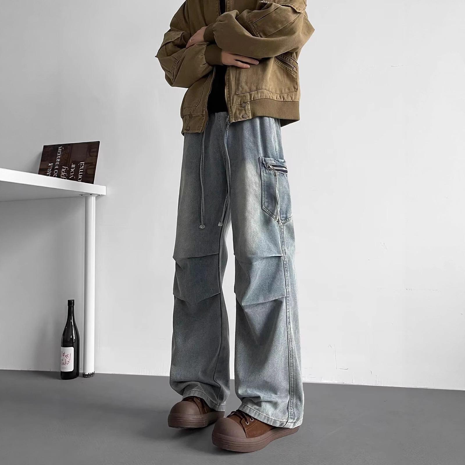 

Men s Jeans Spring-Autumn Pleated Workwear Gangster Style 2XL светло-синий