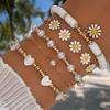 4pcs Vintage Daisy Flower Pendant Faux Pearl Bracelet Set for Women Bohemian Beaded Enamel Star Stackable Hand String Jewelry
