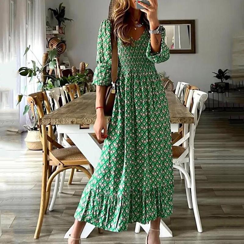 

Летнее женское платье макси с цветочным принтом, V-образным вырезом и дизайном, подчеркивающим талию, 2025 XL зелёный