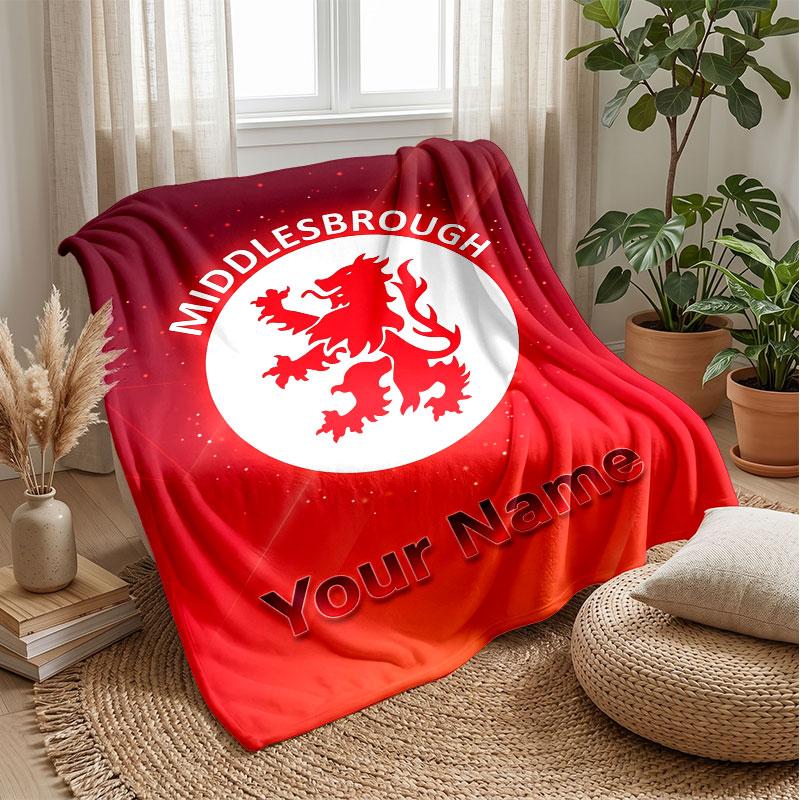 Middlesbrough FC Custom Name Text Flannel Blanket Soccer Logo Personalized Fleece Throw Blanket Special Gift For Sofa Bedroom Home