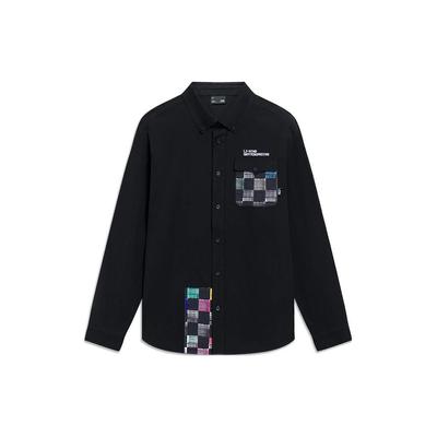 Li Ning Skateboard Series Logo Letter Embroidery Print Loose Casual Long Sleeve Shirt Men Shirts Black ASHT015-1