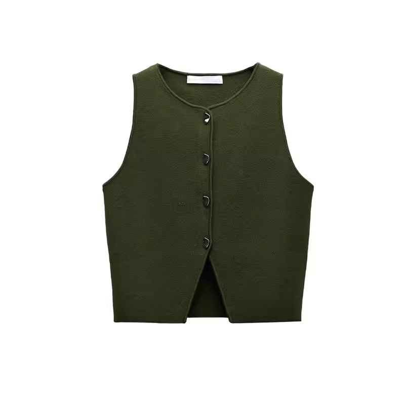 Spring New Minimalist Temperament Commute Fashion All-Match Round Neck Sleeveless Split Knitting Short Top 5536027
