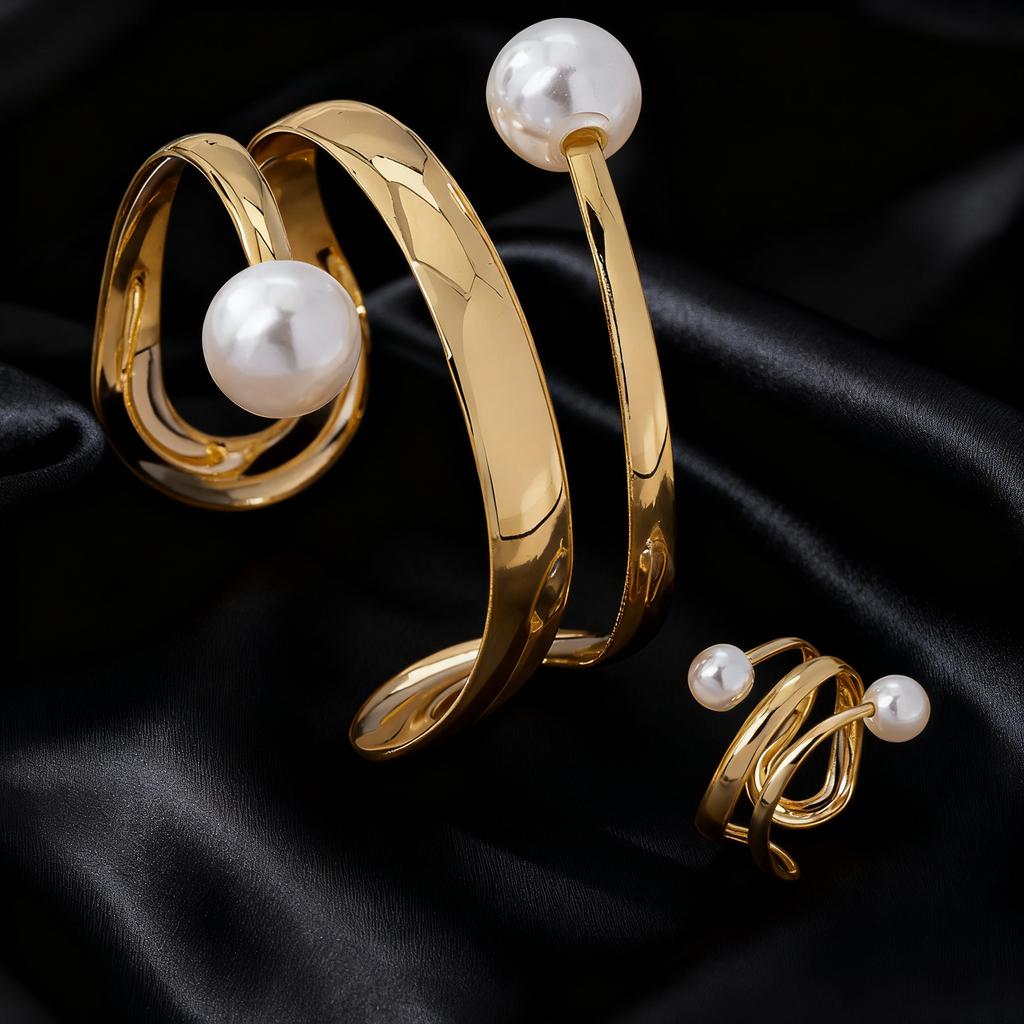 2pcs New Exaggerated Fashion Imitation Pearls Geometric Metal Bangles Hip Hop Punk Wrap Bangles For Women Jewelry accessories