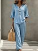 European and American cross-border foreign trade women's new casual button V-neck ruffle edge seven-quarter sleeve top and trousers two-piece set