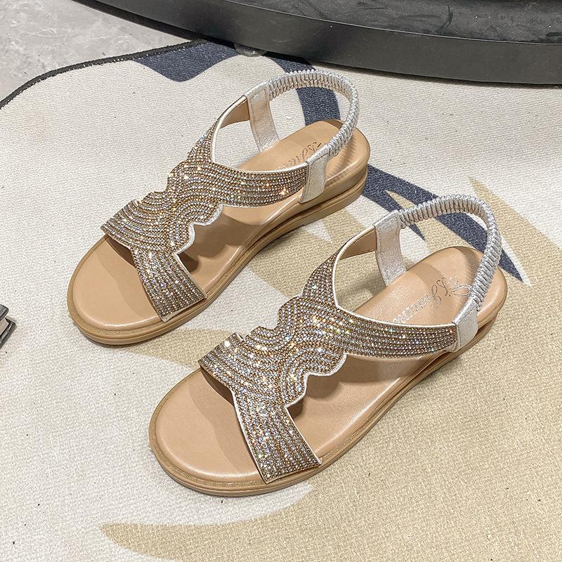 

Сандалии на покатом каблуке, женская сезонная мода, стразы, рыбий рот, римский стиль, женская обувь 42 серебряный