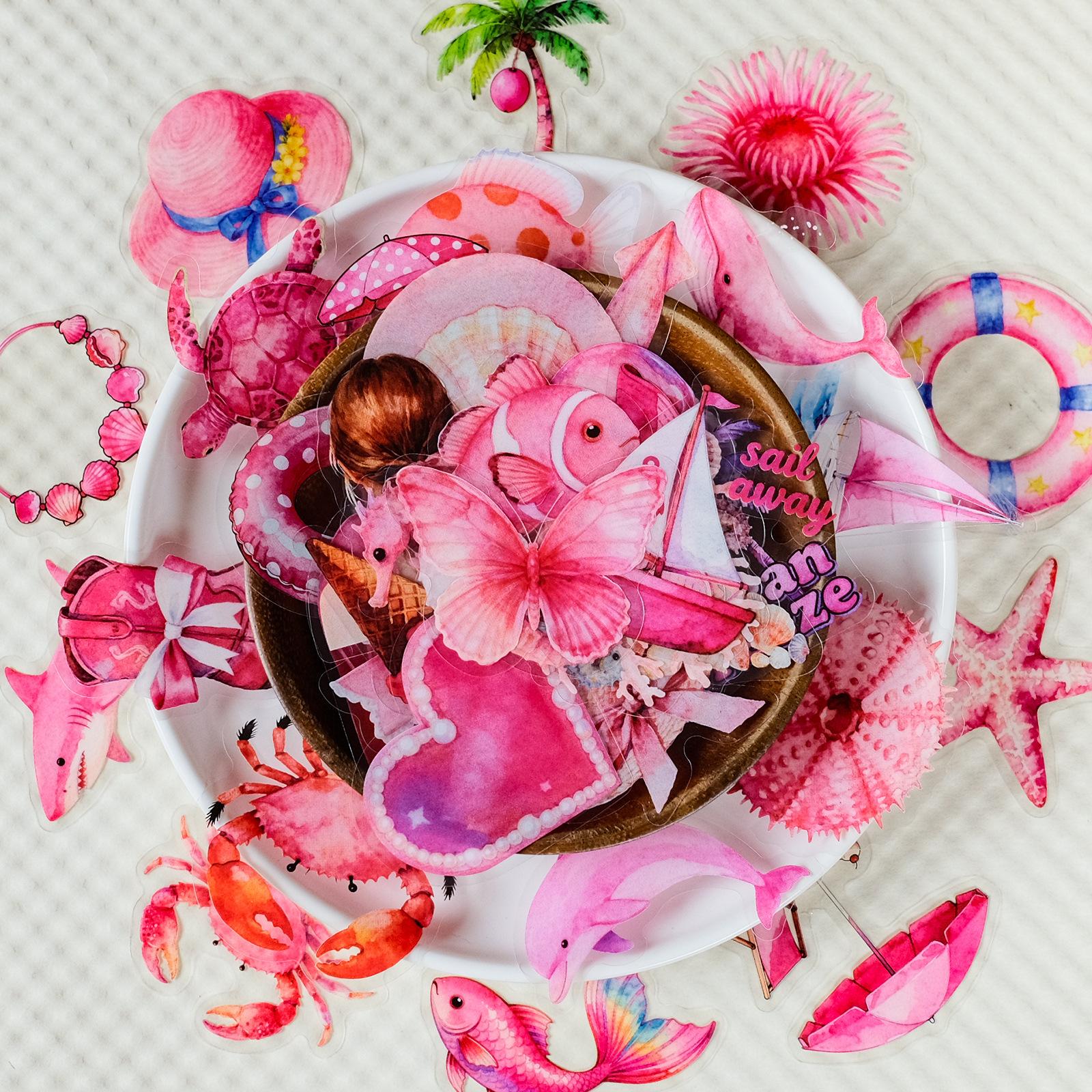 56 Pink Items Transparent Graffiti Stickers Pet Material High Value Notebook Decorative Stickers