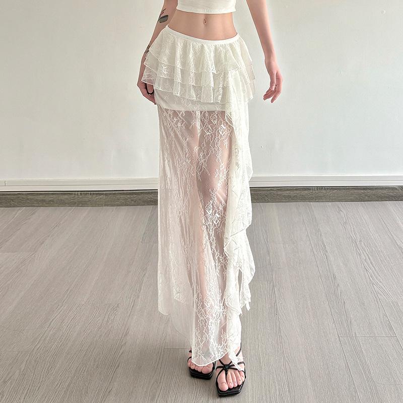 2025 Women's White Ruffled Lace Half Skirt, Holiday Style, Sexy & Slightly Sheer, Irregular Design