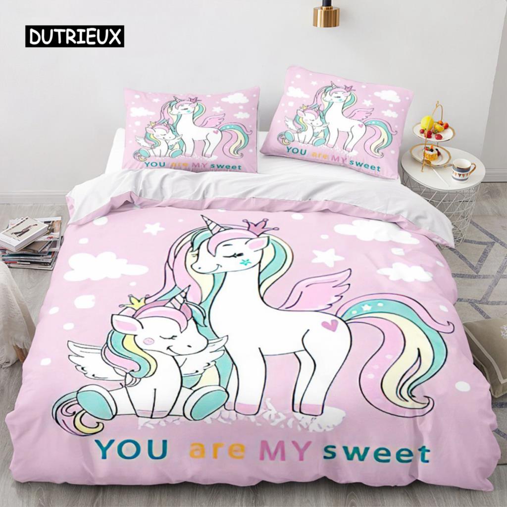 Çizgi Film Tek Boynuzlu At Nevresim Gökkuşağı Yatak Takımı At Mikrofiber Yorgan Kılıfı Çocuklar Kızlar Doğum Günü Hediyeleri Oda Dekoru