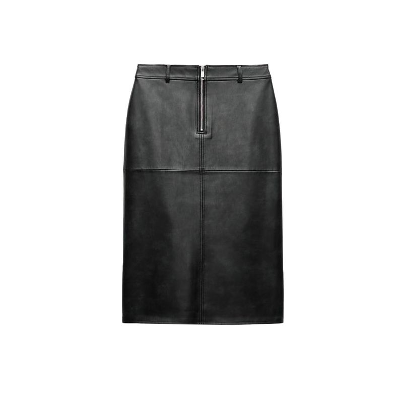 

Fall and Winter New Women s Clothing Zipper Ornament Poly Urethane Leather Strap Mid-Waist Split Straight Skirt 2969269 Black XS