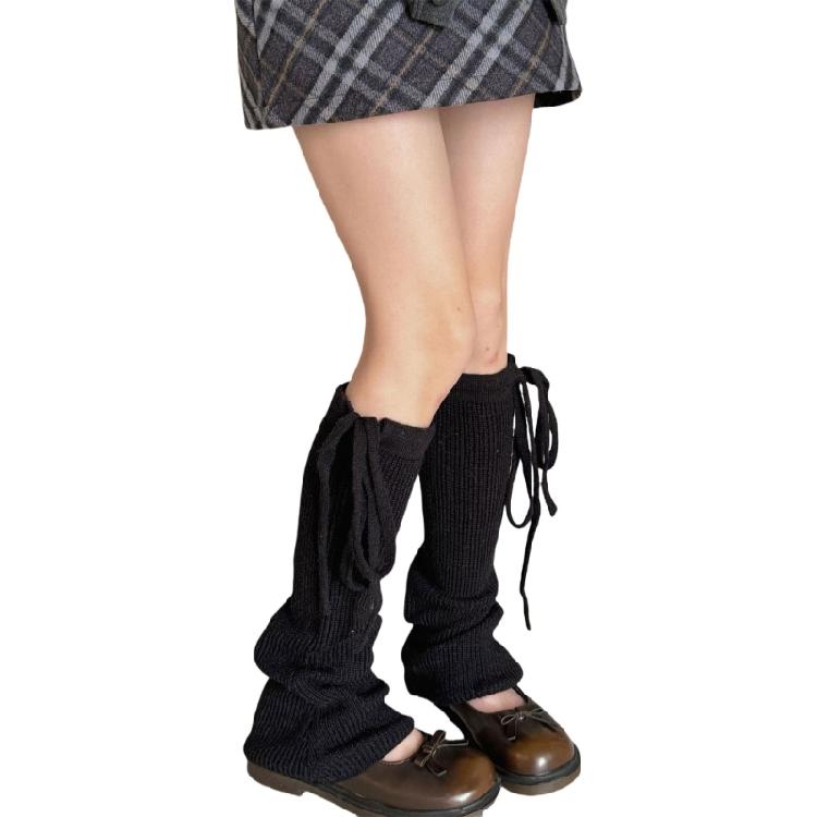 Thickened Leg Warmers with Ties Drawstring for Women Ribbed Knit Vertical Striped Boot Covers Socks for Outdoor Activity