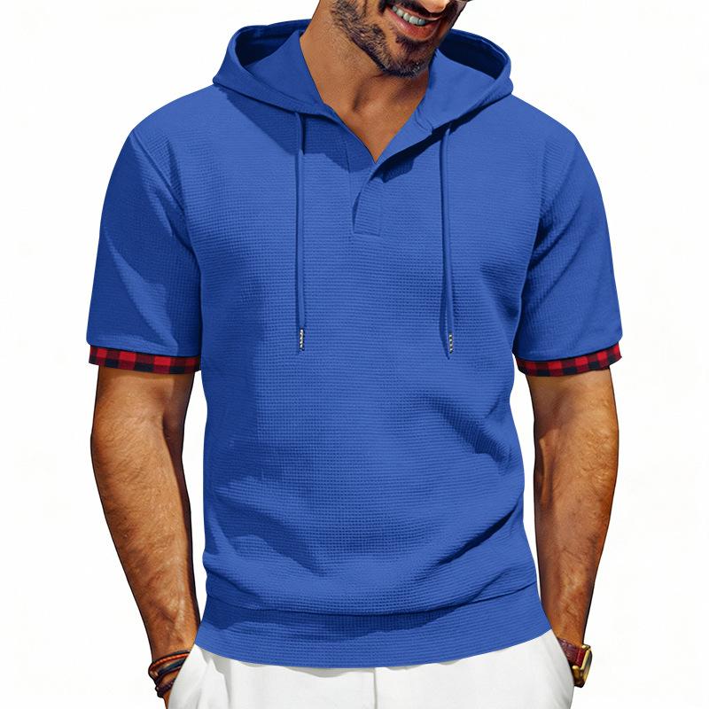 Men's Hooded T-Shirt Short Sleeve Contrast Plaid Cuff Drawstring Breathable Casual Pullover Tops Summer Hooded Tees Men