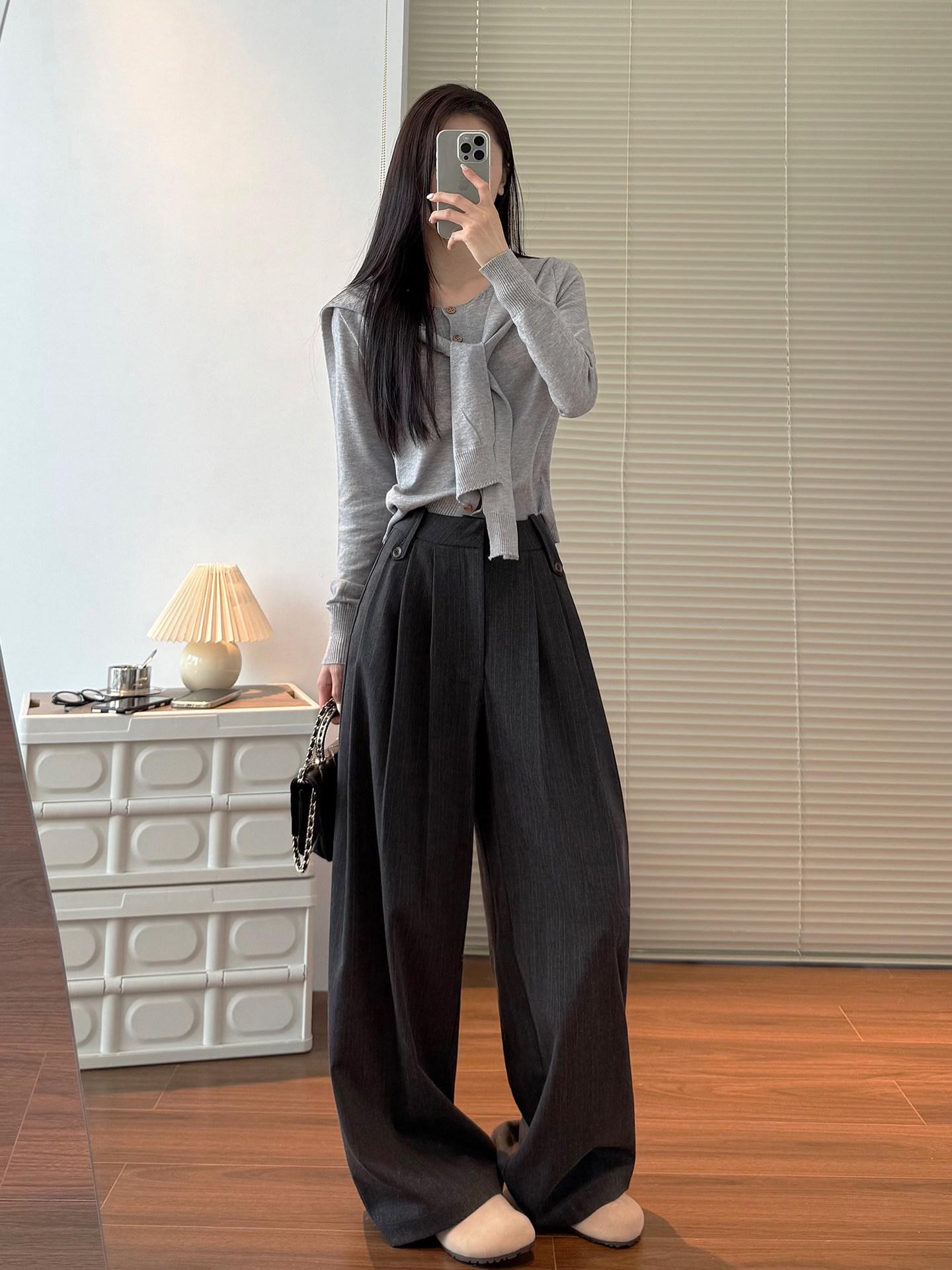 Women s Gray Tencel Wool Striped High-Waisted Wide-Leg Pants for Spring/Autumn S [Weight below 98 lbs]