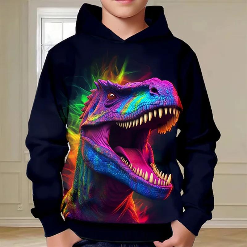 Spring Autumn Boys Hoodie Pullover 3D Dinosaur Print Fashion Street Dazzling Cool Kids Clothing Casual Long Sleeve Hoodies Tops