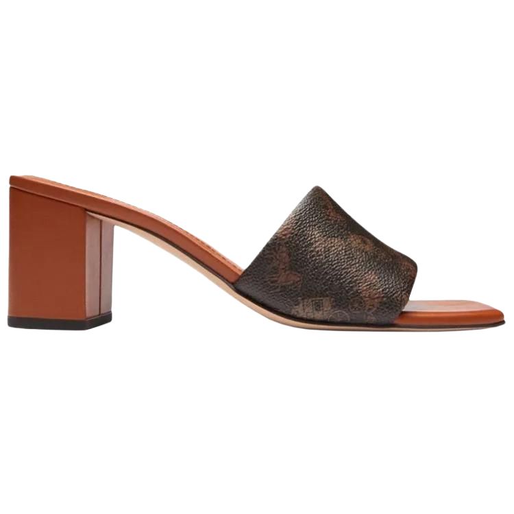 Coach Holly Square Toe Slip-On Carriage Print Block Heel Slide Sandals 6.5cm Women Sandals Brown CAS92-W8F